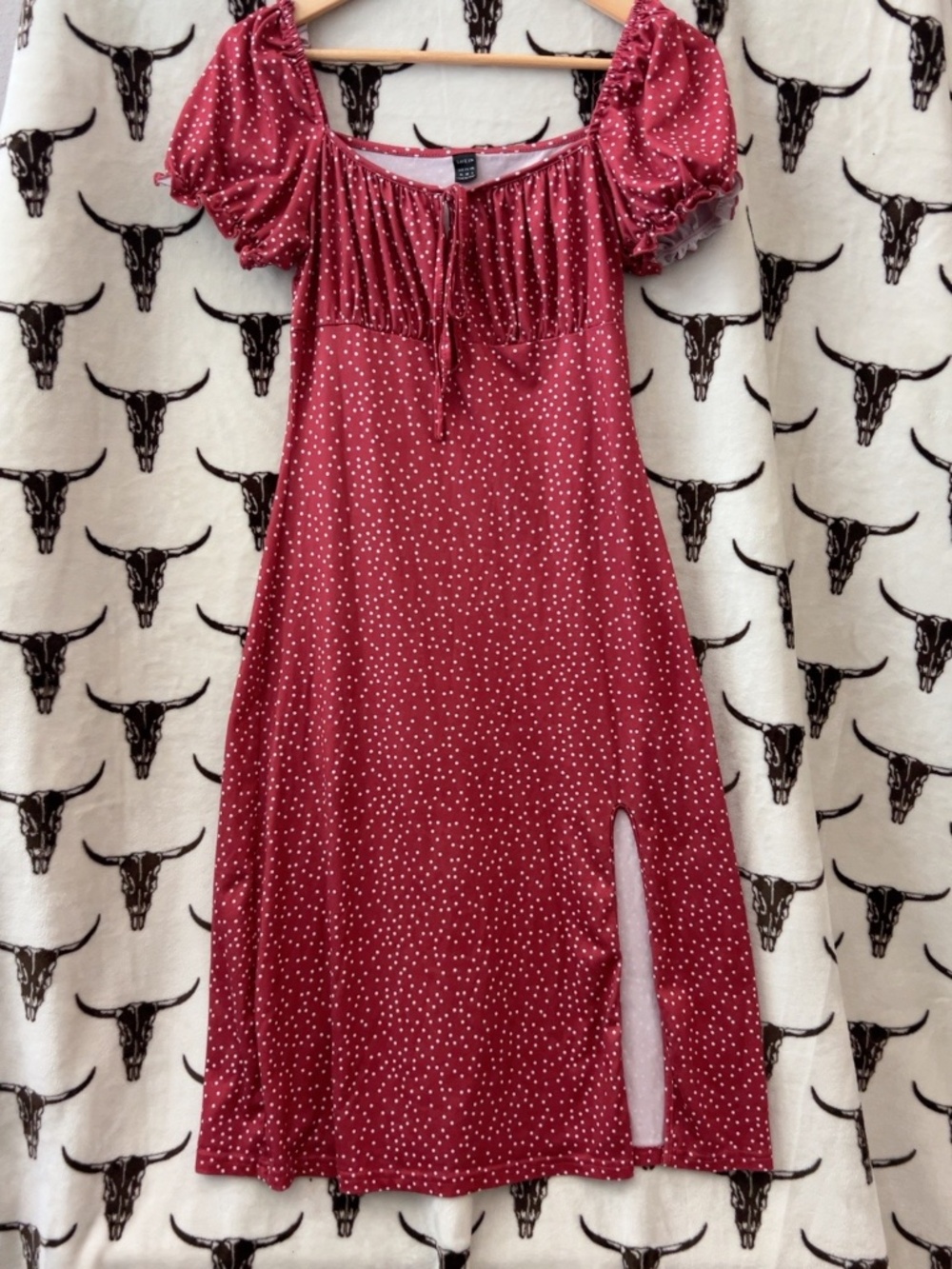 SHEIN Red Polka Dot Puff Sleeve Midi Dress Front Slit Size M